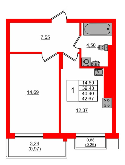 Квартира в ЖК «АЭРО», 1 комнатная, 40.4 м², 7 этаж