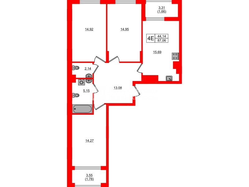 Квартира в ЖК «АЭРО», 3 комнатная, 87.06 м², 1 этаж