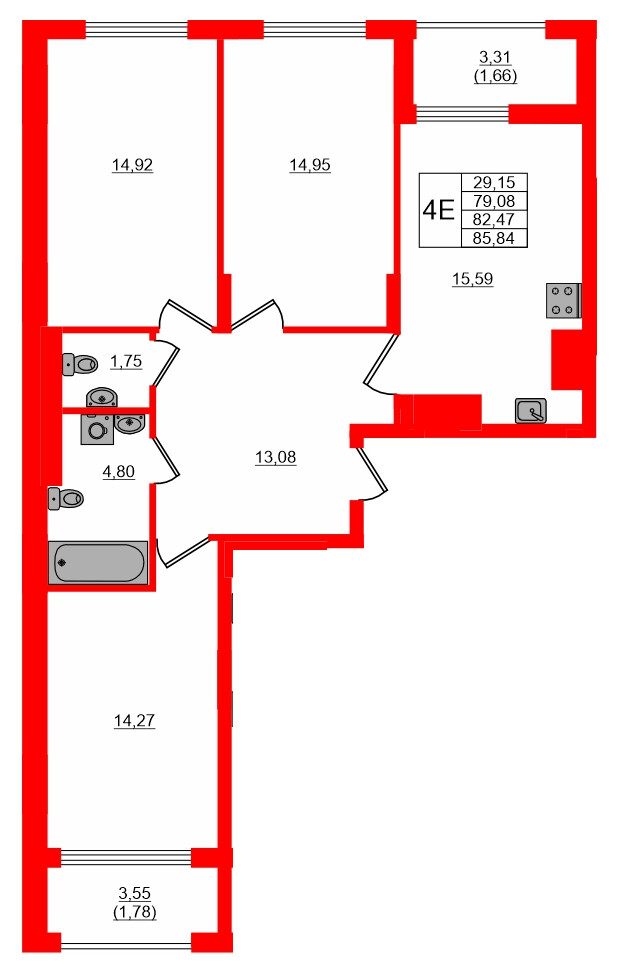 Квартира в ЖК «АЭРО», 3 комнатная, 83.5 м², 2 этаж