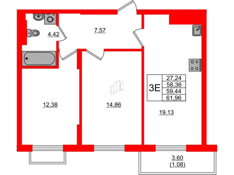 Квартира в ЖК «АЭРО», 2 комнатная, 59.44 м², 7 этаж