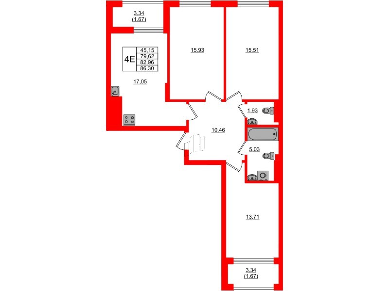 Квартира в ЖК «АЭРО», 3 комнатная, 82.96 м², 1 этаж