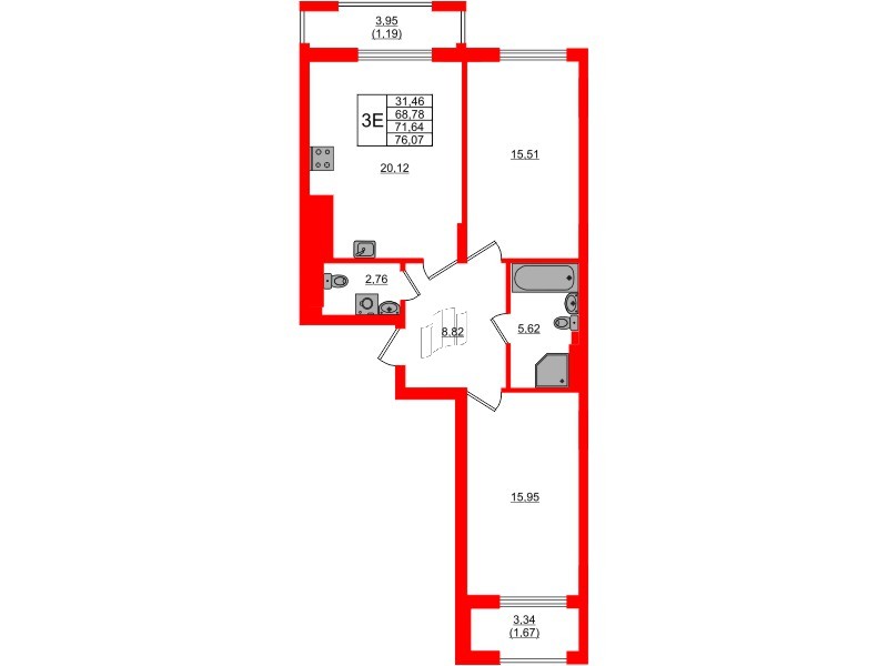 Квартира в ЖК «АЭРО», 2 комнатная, 71.64 м², 1 этаж