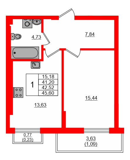 Квартира в ЖК «АЭРО», 1 комнатная, 42.52 м², 7 этаж