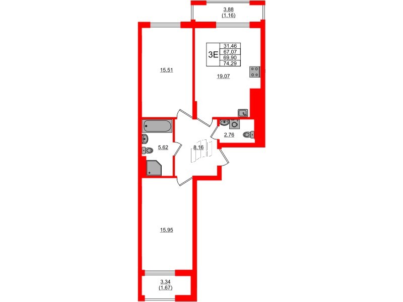 Квартира в ЖК «АЭРО», 2 комнатная, 69.9 м², 1 этаж