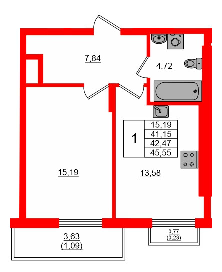 Квартира в ЖК «АЭРО», 1 комнатная, 42.7 м², 7 этаж