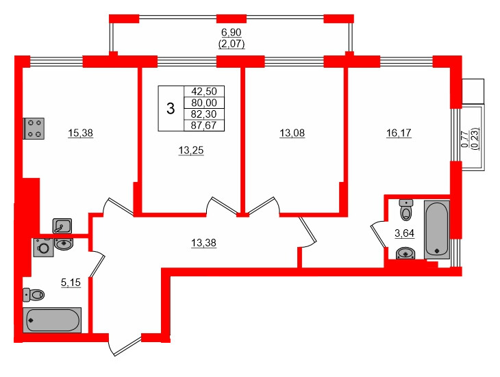 Квартира в ЖК «АЭРО», 3 комнатная, 81.59 м², 5 этаж