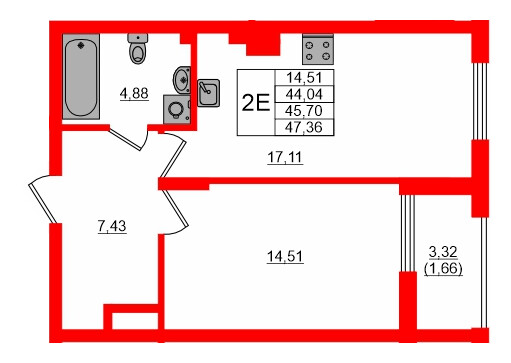 Квартира в ЖК «АЭРО», 1 комнатная, 45.7 м², 1 этаж