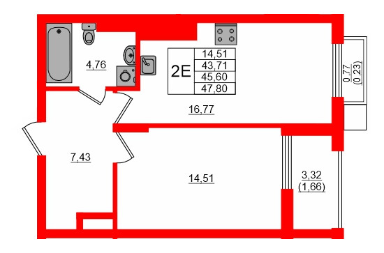 Квартира в ЖК «АЭРО», 1 комнатная, 45.6 м², 6 этаж
