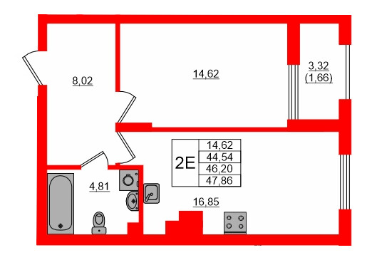 Квартира в ЖК «АЭРО», 1 комнатная, 46.2 м², 1 этаж