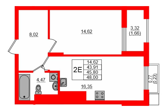 Квартира в ЖК «АЭРО», 1 комнатная, 45.8 м², 6 этаж