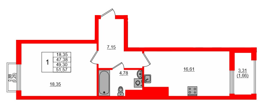 Квартира в ЖК «АЭРО», 1 комнатная, 49.3 м², 5 этаж