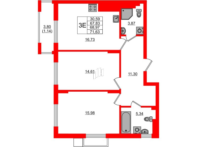 Квартира в ЖК «АЭРО», 2 комнатная, 68.97 м², 6 этаж