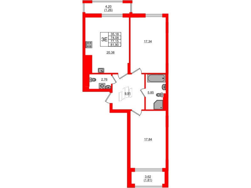 Квартира в ЖК «АЭРО», 2 комнатная, 77.15 м², 1 этаж