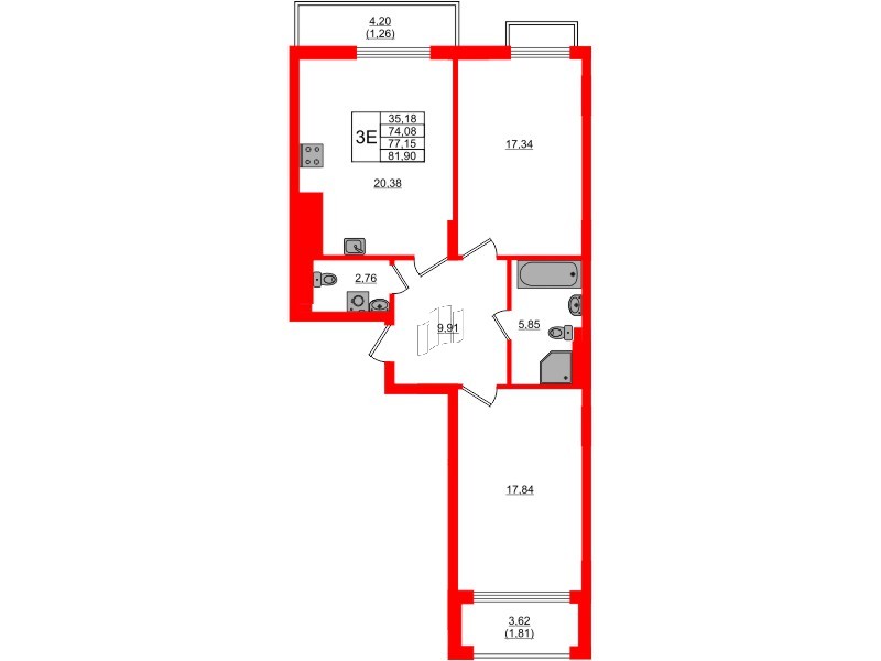 Квартира в ЖК «АЭРО», 2 комнатная, 77.15 м², 7 этаж