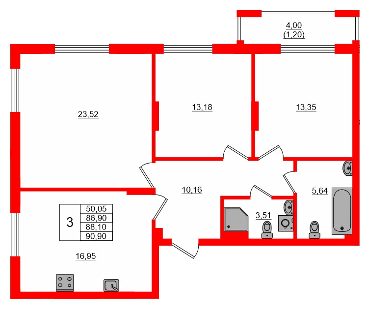 Квартира в ЖК «АЭРО», 3 комнатная, 88.1 м², 1 этаж