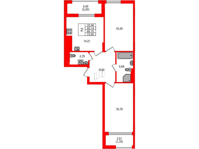 Квартира в ЖК «АЭРО», 2 комнатная, 69.1 м², 5 этаж