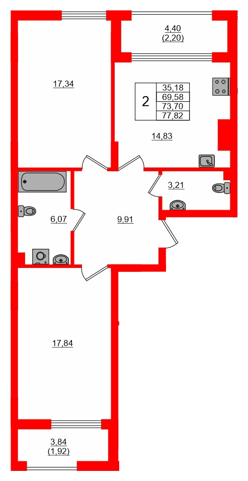 Квартира в ЖК «АЭРО», 2 комнатная, 73.7 м², 1 этаж