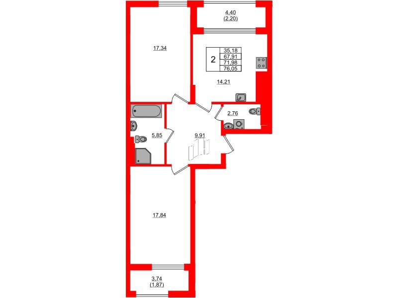 Квартира в ЖК «АЭРО», 2 комнатная, 71.98 м², 4 этаж