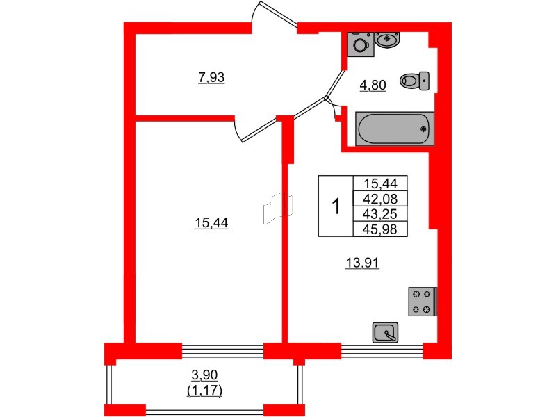 Квартира в ЖК «АЭРО», 1 комнатная, 43.25 м², 1 этаж