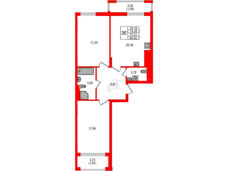 Квартира в ЖК «АЭРО», 2 комнатная, 77.21 м², 1 этаж