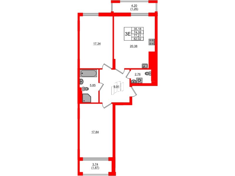 Квартира в ЖК «АЭРО», 2 комнатная, 77.21 м², 4 этаж