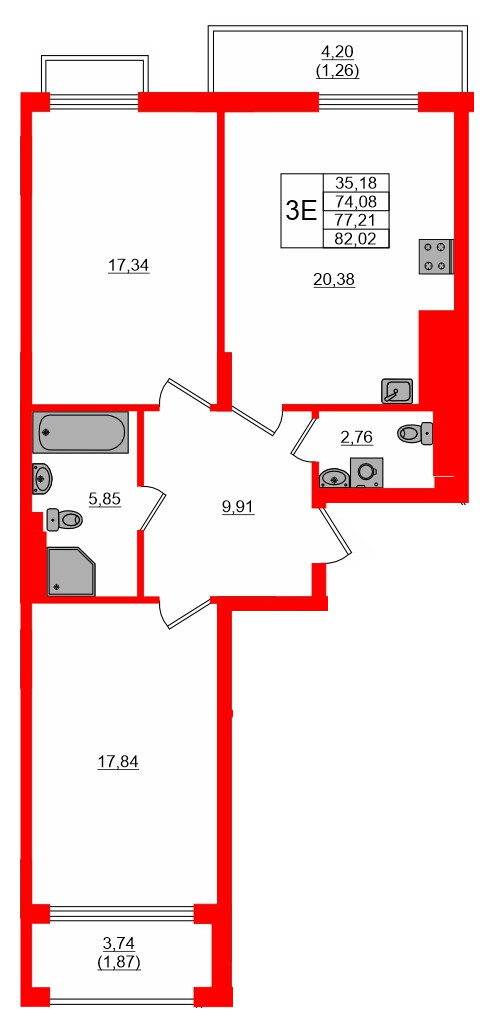 Квартира в ЖК «АЭРО», 2 комнатная, 78 м², 7 этаж