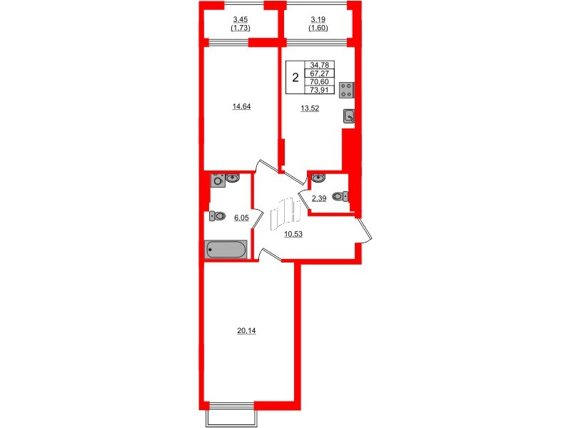 Квартира в ЖК «АЭРО», 2 комнатная, 70.6 м², 2 этаж