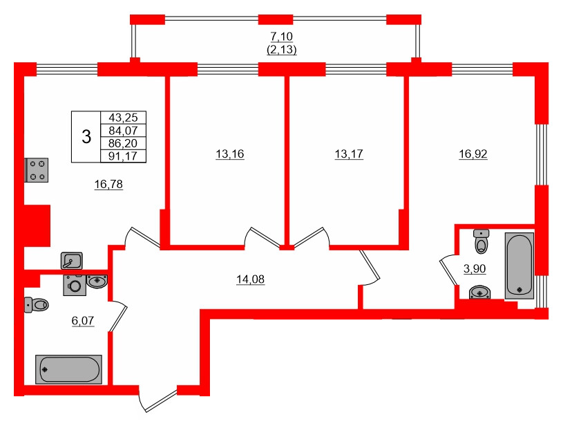 Квартира в ЖК «АЭРО», 3 комнатная, 86.2 м², 1 этаж