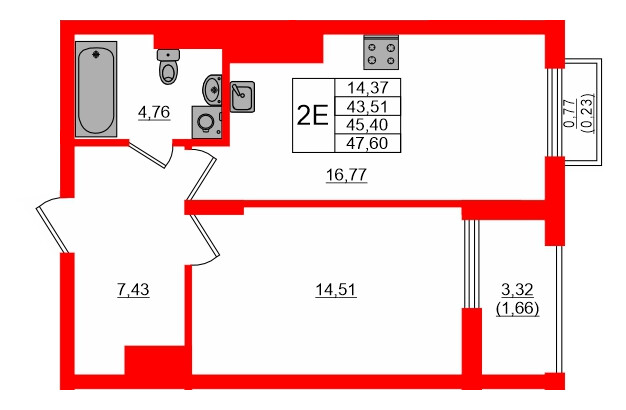 Квартира в ЖК «АЭРО», 1 комнатная, 45.4 м², 6 этаж