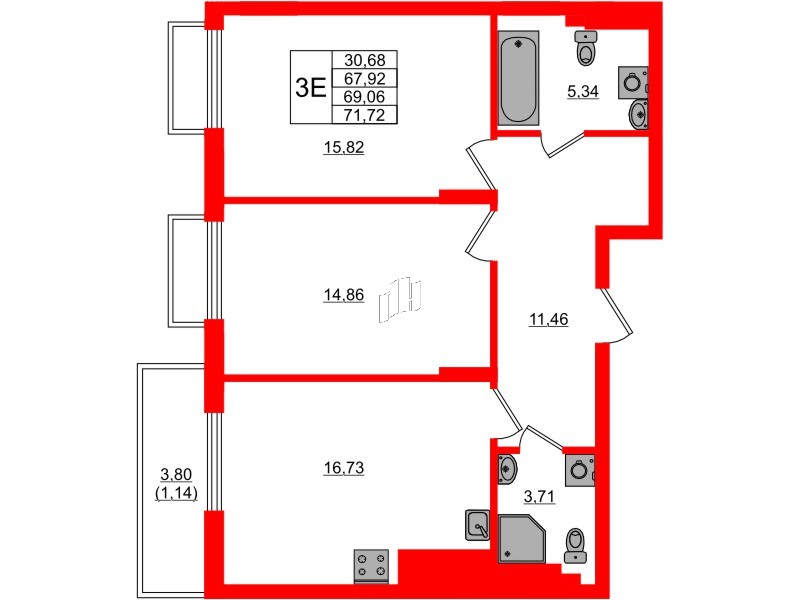 Квартира в ЖК «АЭРО», 2 комнатная, 69.06 м², 7 этаж