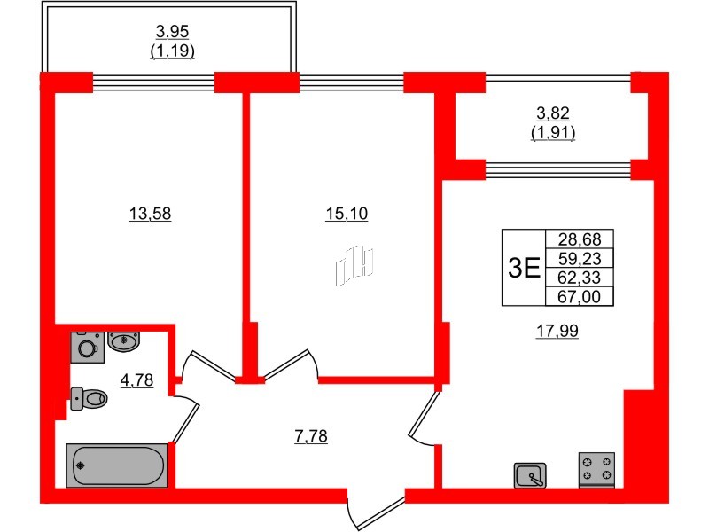 Квартира в ЖК «АЭРО», 2 комнатная, 62.33 м², 7 этаж