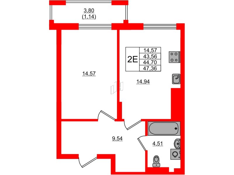 Квартира в ЖК «АЭРО», 1 комнатная, 44.7 м², 4 этаж