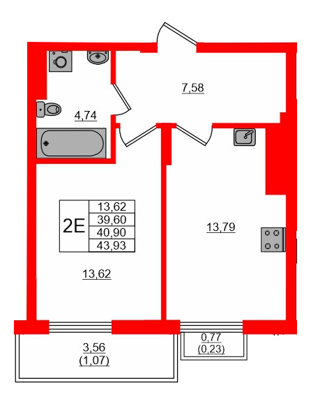 Квартира в ЖК «АЭРО», 1 комнатная, 40.9 м², 7 этаж