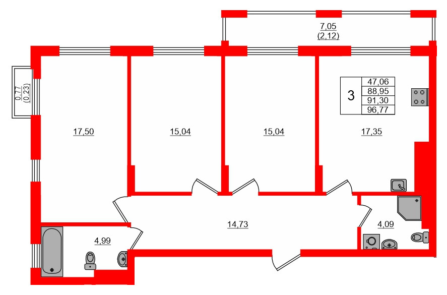 Квартира в ЖК «АЭРО», 3 комнатная, 91.3 м², 5 этаж