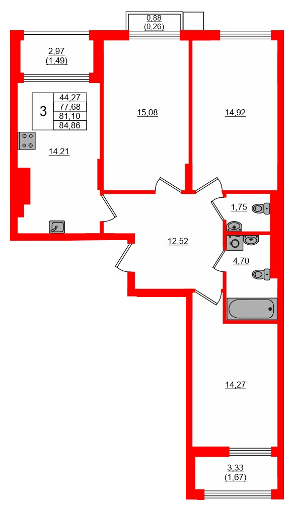 Квартира в ЖК «АЭРО», 3 комнатная, 81.1 м², 2 этаж