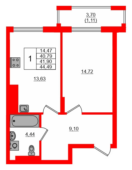 Квартира в ЖК «АЭРО», 1 комнатная, 41.9 м², 6 этаж