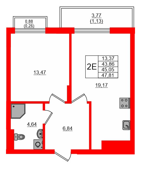 Квартира в ЖК «АЭРО», 1 комнатная, 45.4 м², 7 этаж