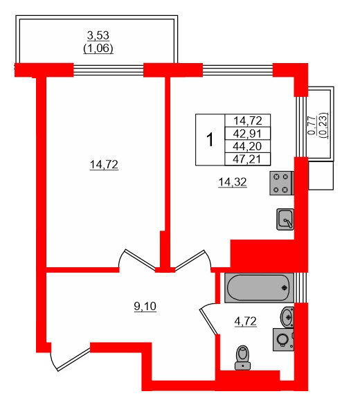 Квартира в ЖК «АЭРО», 1 комнатная, 44.2 м², 7 этаж