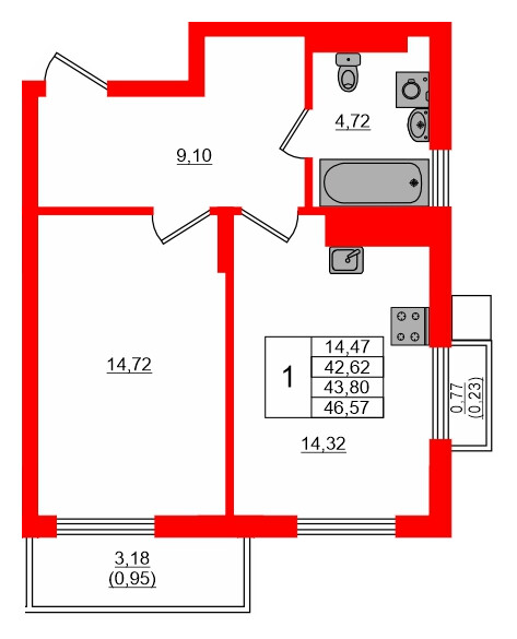 Квартира в ЖК «АЭРО», 1 комнатная, 43.8 м², 7 этаж
