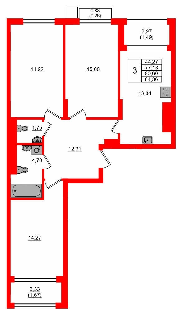 Квартира в ЖК «АЭРО», 3 комнатная, 80.6 м², 6 этаж