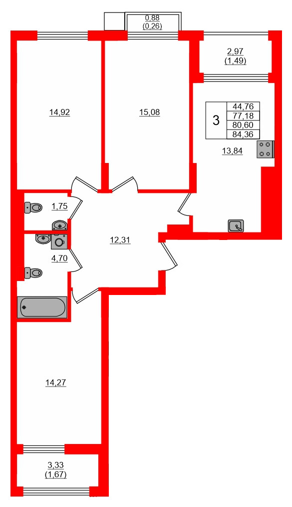 Квартира в ЖК «АЭРО», 3 комнатная, 80.6 м², 7 этаж