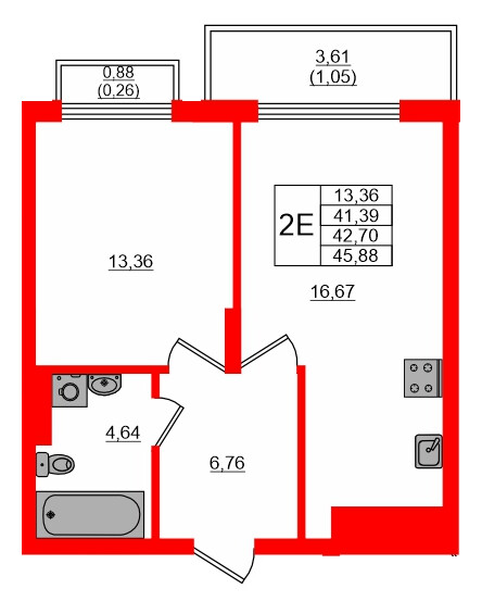 Квартира в ЖК «АЭРО», 1 комнатная, 42.7 м², 7 этаж