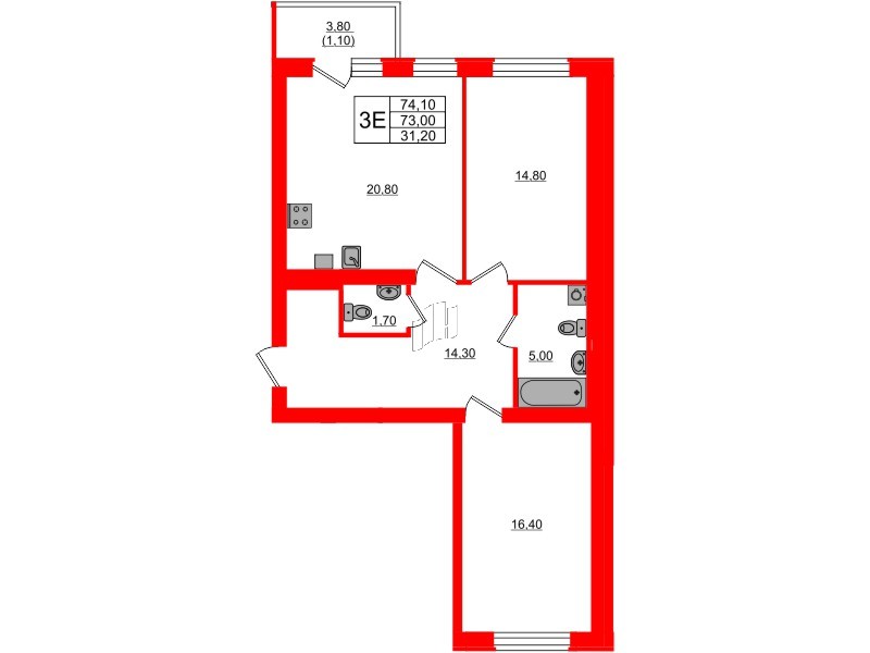 Квартира в ЖК «Сиреневый бульвар», 2 комнатная, 75 м², 4 этаж