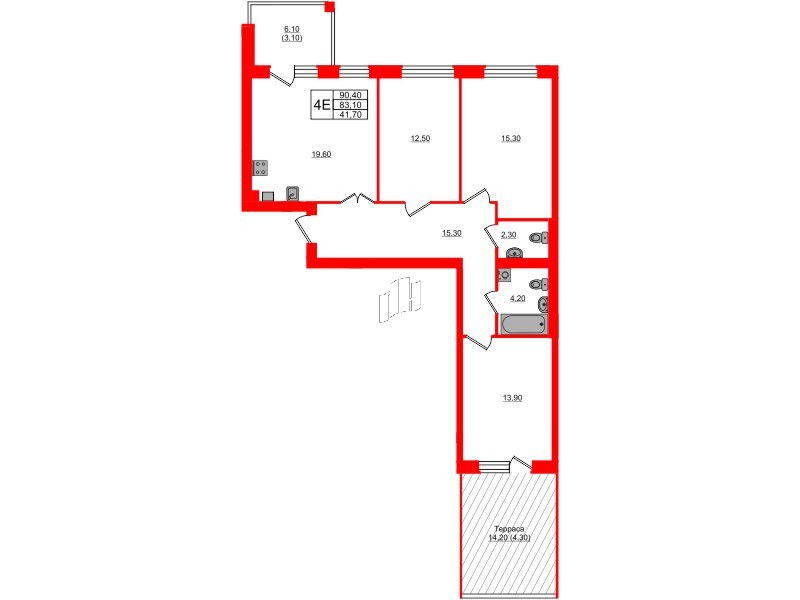 Квартира в ЖК «Сиреневый бульвар», 3 комнатная, 91.6 м², 1 этаж