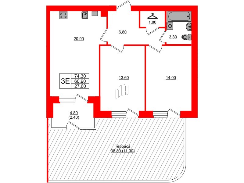 Квартира в ЖК «Сиреневый бульвар», 2 комнатная, 75.1 м², 1 этаж