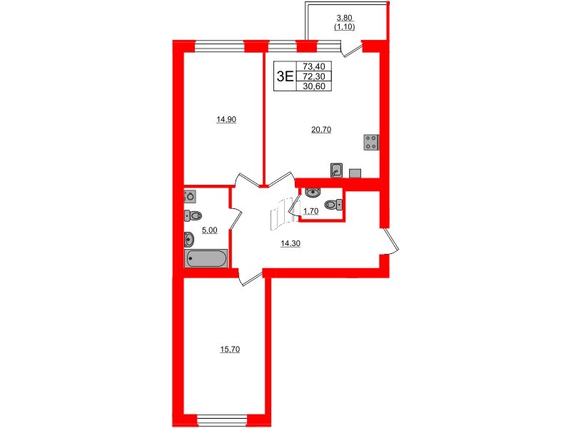 Квартира в ЖК «Сиреневый бульвар», 3 комнатная, 73.4 м², 4 этаж
