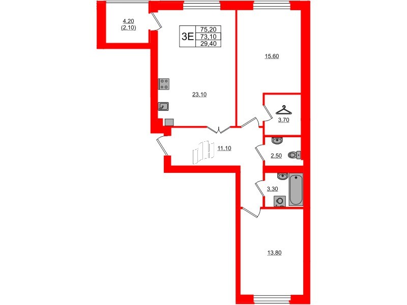 Квартира в ЖК «Сиреневый бульвар», 2 комнатная, 76 м², 4 этаж