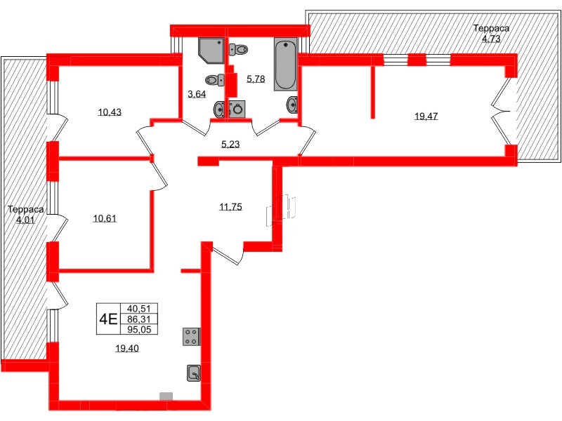 Квартира в ЖК «Включи», 3 комнатная, 95.05 м², 1 этаж