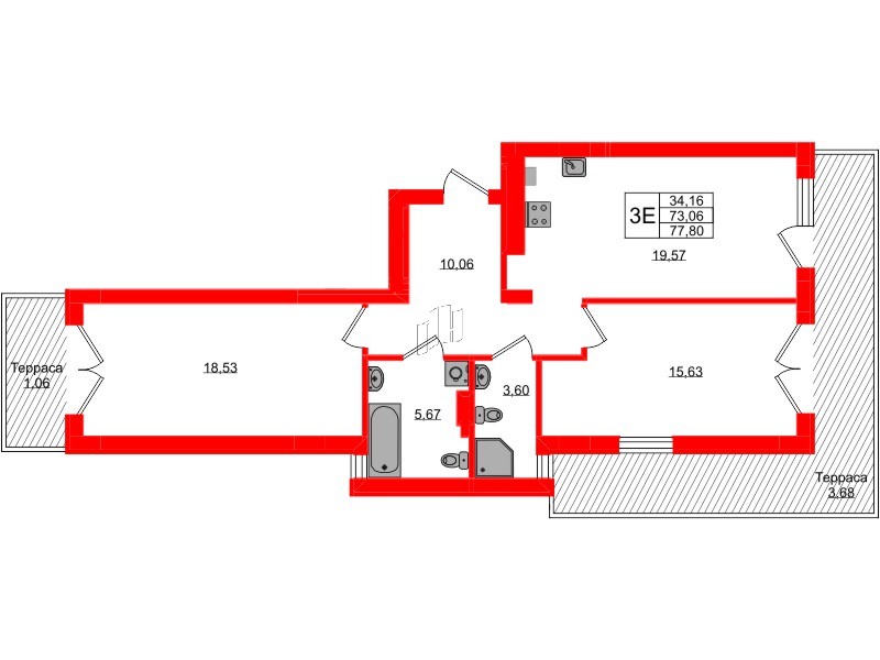 Квартира в ЖК «Включи», 2 комнатная, 77.8 м², 1 этаж