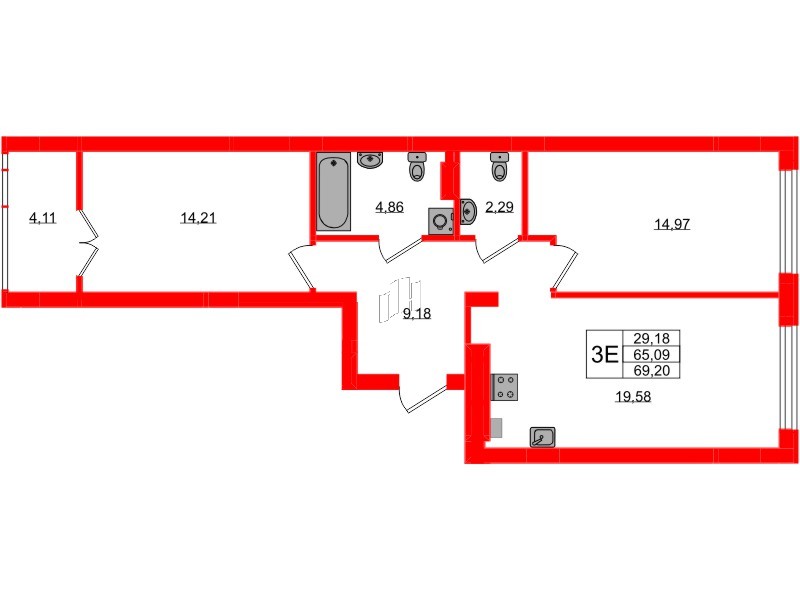 Квартира в ЖК «Включи», 2 комнатная, 69.2 м², 4 этаж